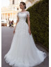 Short Sleeves Beaded White Lace Tulle Wedding Dress